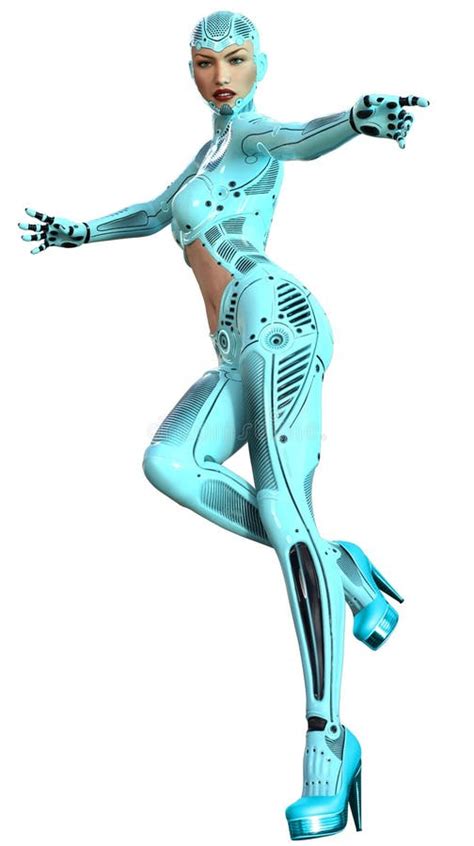 Mujer Cyborg Robot Muchacha Con Traje Metálico Azul 3d Ilustración