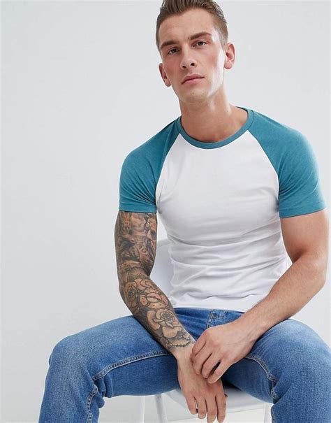 Asos Design Muscle Fit Raglan T Shirt With Contrast Sleeves In Blue