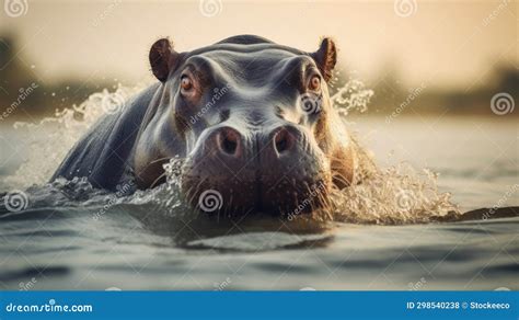 Stunning Sunset Photo Majestic Hippopotamus Swimming In Water Stock