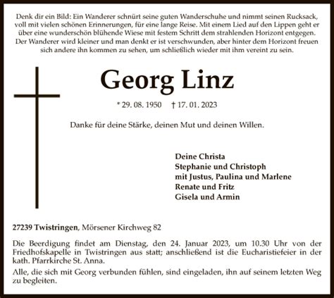 Traueranzeigen Von Georg Linz Trauer Kreiszeitung De