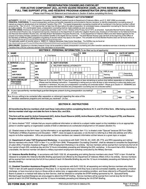 Dd Form 2648 Service Member Pre Separation Transition Counseling And