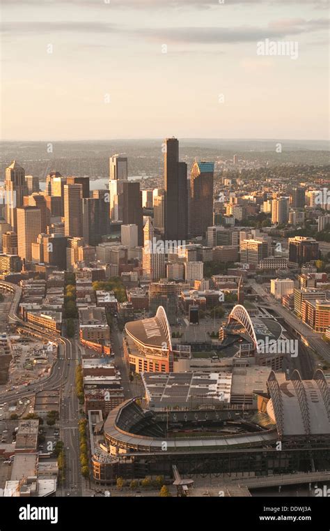 Retro Image Of Aerial View Of Seattle Skyline With Stadiums CenturyLink