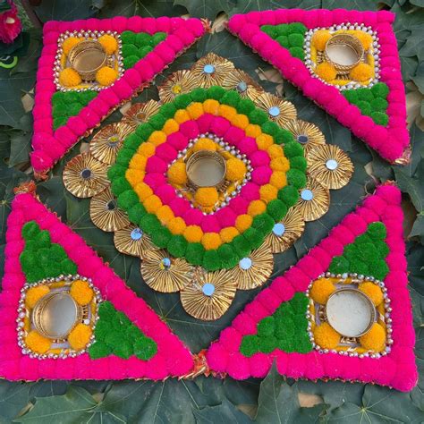 Handmade Tea Light Holders Pompom Rangoli Mat Candle Holders For Diwali