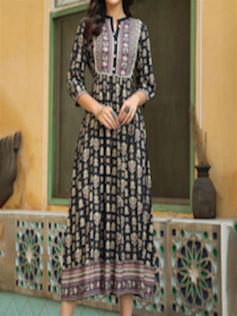 Buy Juniper Navy Blue And Golden Ethnic Motifs Print Maxi Dress Ethnic