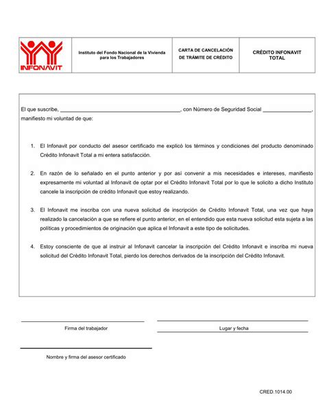 PDF CARTA DE CANCELACIÓN CRÉDITO INFONAVIT TOTALportal infonavit org