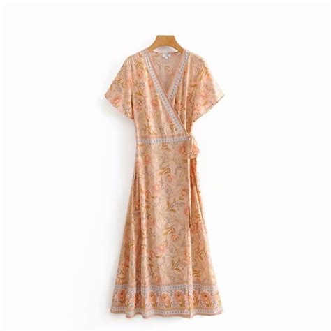 Bellanblue Dresses Bohemian Peach Floral Print Vneck Wrap Ruffle