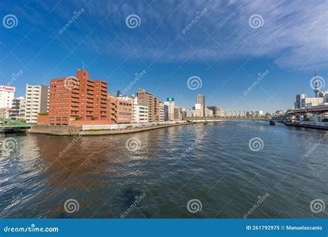 Wide Angle View Of Sumida River Sumidagawa From Ryogoku Bridge