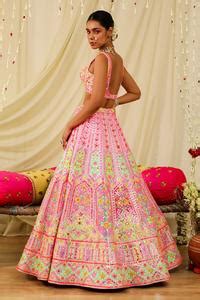 Buy Pink Dupion Silk Embroidery Mirror Applique Bridal Lehenga Set For