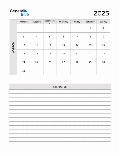 March Printable Monthly Calendar With Notes