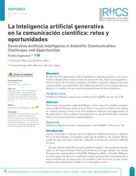 Pdf La Inteligencia Artificial Generativa En La Comunicación Científica Retos Y Oportunidades