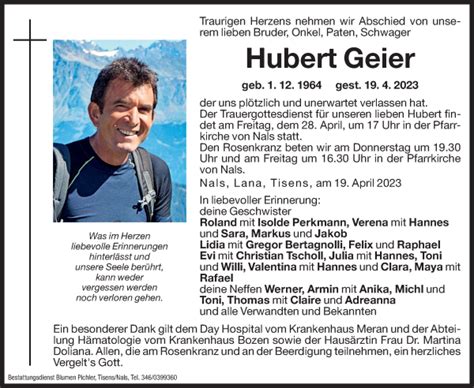 Traueranzeigen Von Hubert Geier Trauer Bz