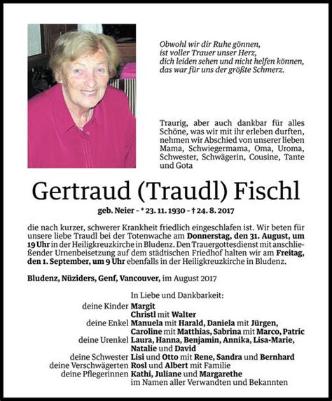 Todesanzeigen Von Gertraud Fischl Todesanzeigen Vorarlberger Nachrichten