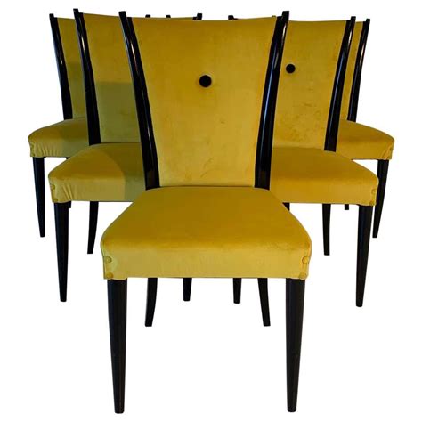 Italian Art Deco Black Lacquered Wood And Yellow Velvet Chairs 1930s