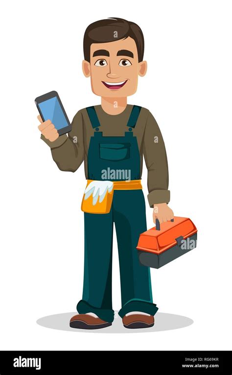 Professional plumber in uniform holds toolbox and smartphone. Handsome ...