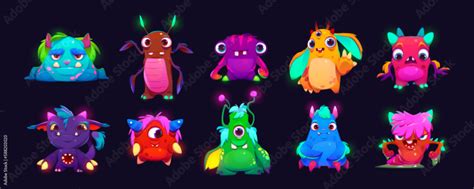 Set of cartoon neon color monsters isolated on black background. Vector ...