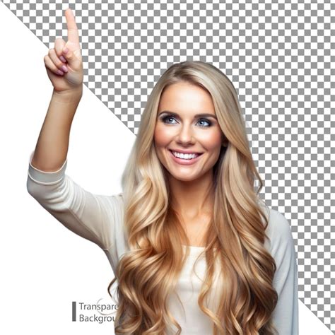 Woman With Blonde Hair Pointing Upwards With A Smile Premium Ai