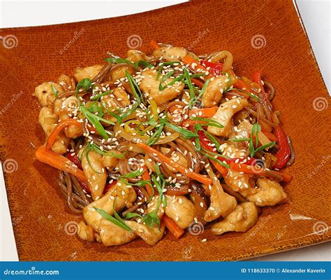 Wok Noodles With Chicken And Stewed Sweet Pepper Stock Photo Image Of