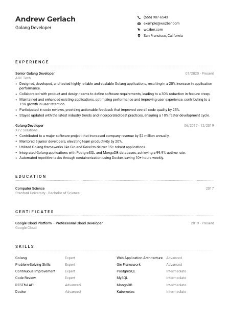 Golang Developer Resume Example