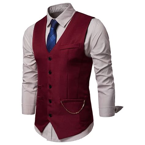 Mens Wine Red Single Breasted Suit Vest 2019 Fashion Chain Design