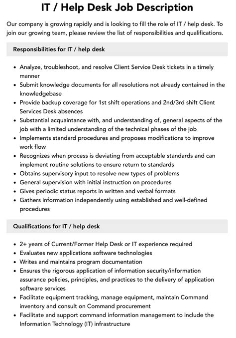 It Help Desk Job Description Velvet Jobs