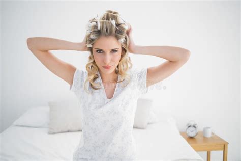 Happy Attractive Blonde Wearing Hair Curlers Posing Stock Photos Free