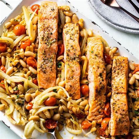 One Pan Roasted Salmon With White Beans Fennel And Tomatoes Americas Test Kitchen Recipe