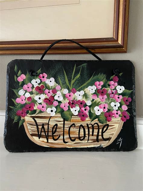 Painted Slate Welcome Sign Garden Slate Sign Floral Welcome Etsy