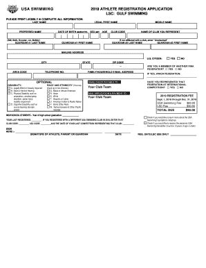 Fillable Online USA SWIMMING 2019 ATHLETE REGISTRATION APPLICATION Fax