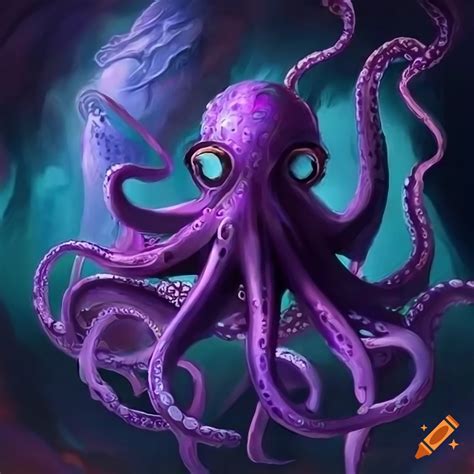 Purple Dark Octopus With Glowing And Translucent Body In A Deep Sea Setting Magic The Gathering