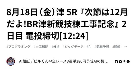 8月18日（金）津 5r 『次節は12月だよ Br津新競技棟工事記念』 2日目 電投締切[12 24]｜ai競艇デビルくん 全レース3連単380円予想 Aiの機械学習で驚異の的中率＆回収率