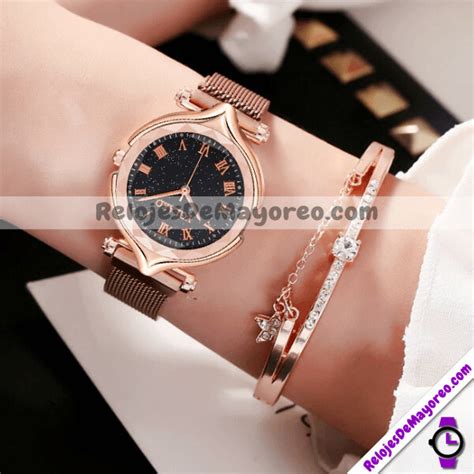 Reloj Destellos Gold Rose Extensible Metal Mesh Imán Números Romanos