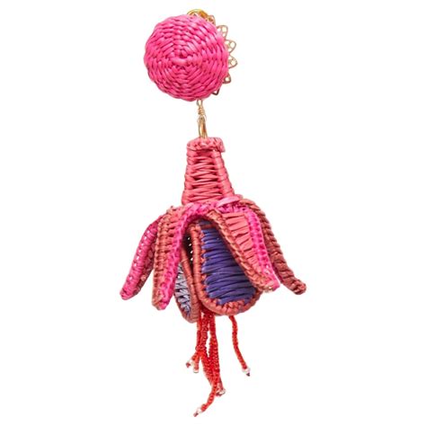 MERCEDES SALAZAR Hot Pink Purple Raffia Weave Bell Flower Clip On Earrings For Sale At 1stDibs