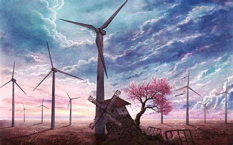 1170x2532px | free download | HD wallpaper: white wind turbine, anime ...