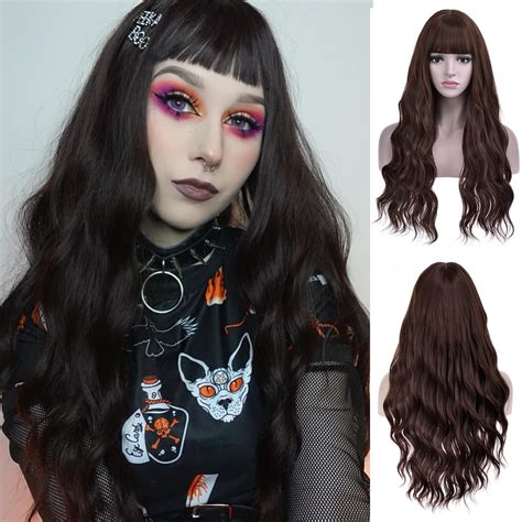 Beron Brown Long Wigs Women Wavy Wig With Bangs 28 Inches