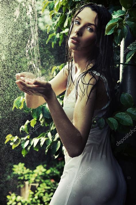 Adorable Sexy Brunette In A Rain Forest Stock Photo Konradbak