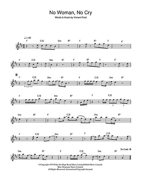 Bob Marley No Woman No Cry Sheet Music And Printable Pdf Music Notes Saxophone Sheet Music