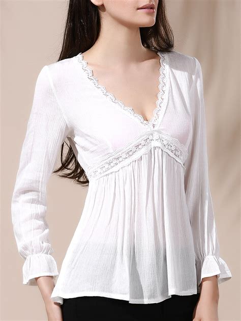 Off Plunging Neck Blouse With Lace Trim Rosegal