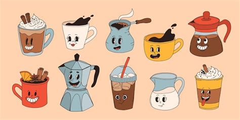 Set retro groovy con café mascota personajes de dibujos animados