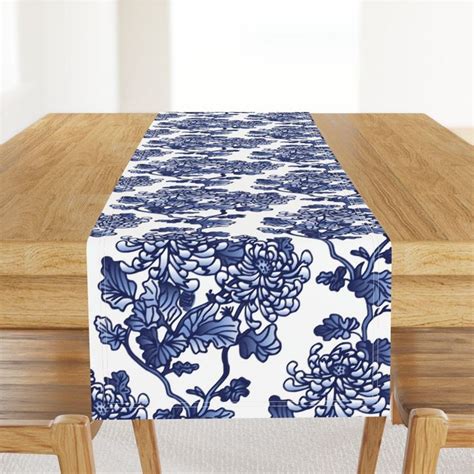 Floral Table Runner Chinoiserie By Olgart Blue Peonies Spring Kitchen