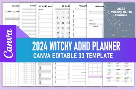 Editable 2024 Witchy ADHD Planner Canva Gráfico por rahimaartwork077