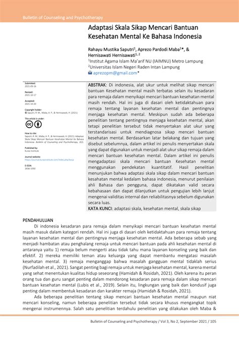 Pdf Adaptasi Skala Sikap Mencari Bantuan Kesehatan Mental Ke Bahasa Indonesia