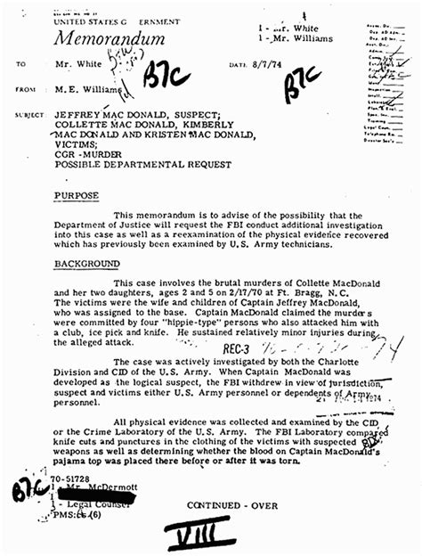 Fbi Memo Re Doj S Possible Request For Further Investigation Jeffrey Macdonald Case