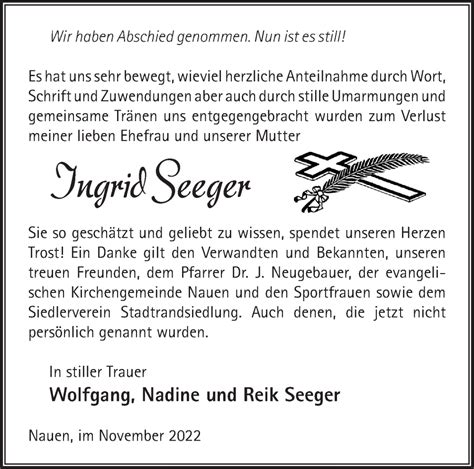 Traueranzeigen von Ingrid Seeger Märkische Onlinezeitung Trauerportal