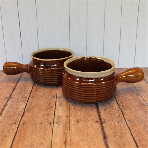 Vintage Stoneware Soup Bowl Mug With Handle Set Of 2 Brown Drip With