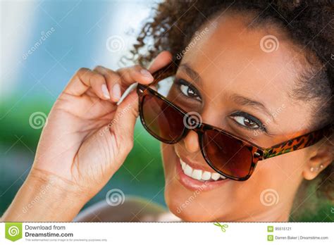 African American Woman Wearing Sunglasses Stock Image Image Of Happy