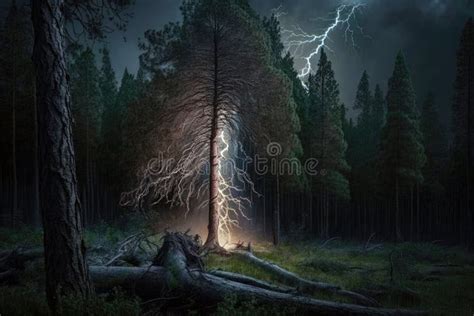 A Forest With A Lightning Bolt Striking A Tree Generative Ai Stock