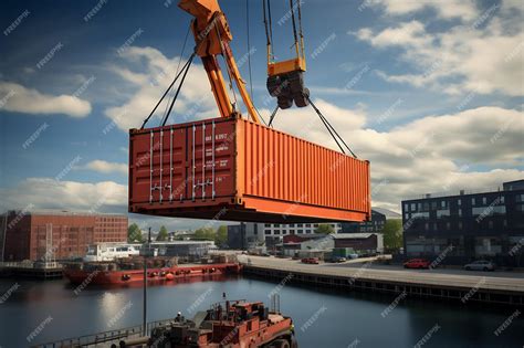 Premium Photo | A shipping container being lowered onto a barge ...