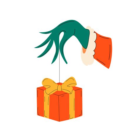 Grinch's hand steals a Christmas present. Vector on isolated background ...