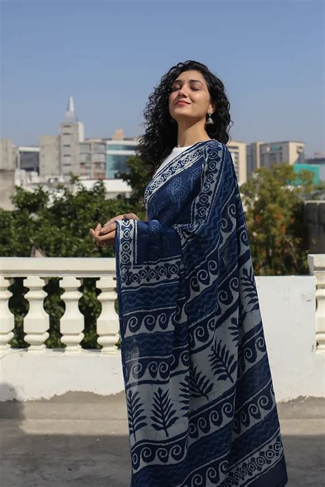 Indigo Bouquet Dabu Bagru Hand Block Print Saree Made Of Mulmul Cotton