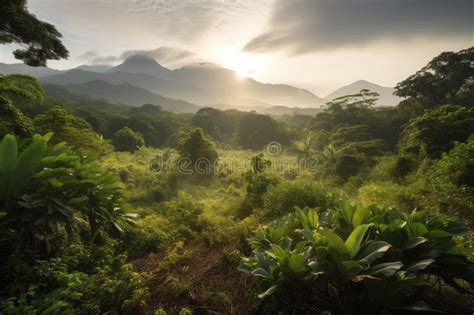 Tropical Jungle Clearing With View Of Smoky Mountain Range In The